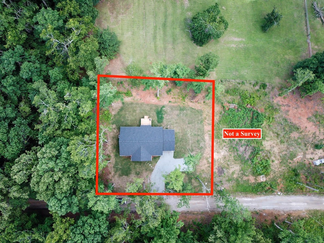 Aerial view of the property with approximate boundary illustration labeled Not a Survey